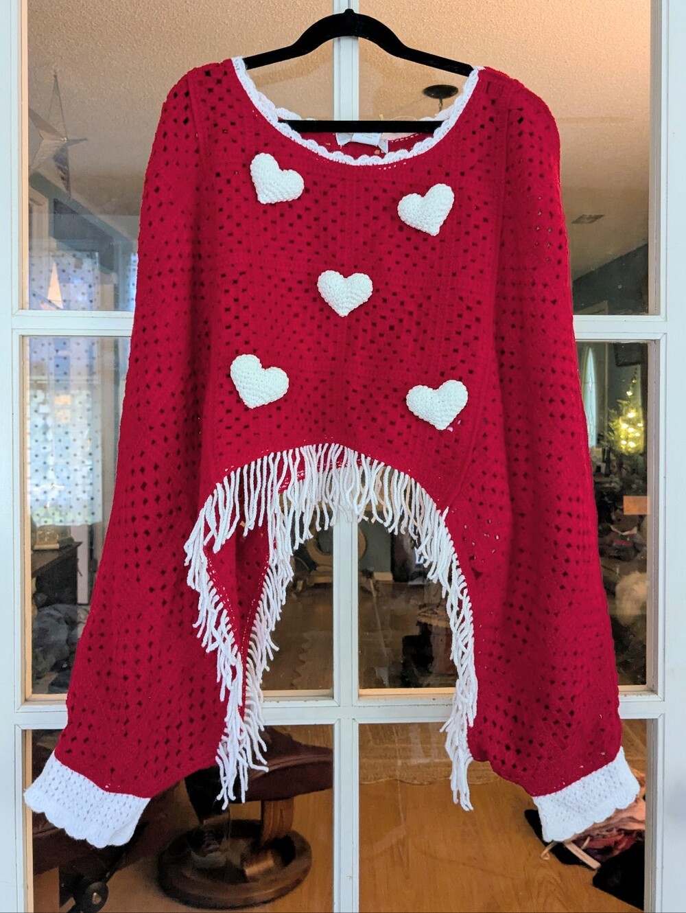 NWT House Of Harlow Open Knit Crochet Heart Fringe Poncho Sweater OS